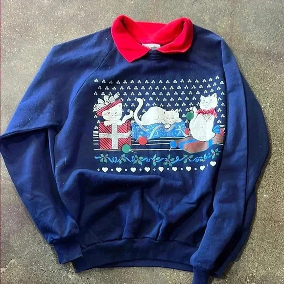 Vintage Navy Blue Cat-Themed ugly Xmas Sweater with Red Collar - Picture 1 of 2